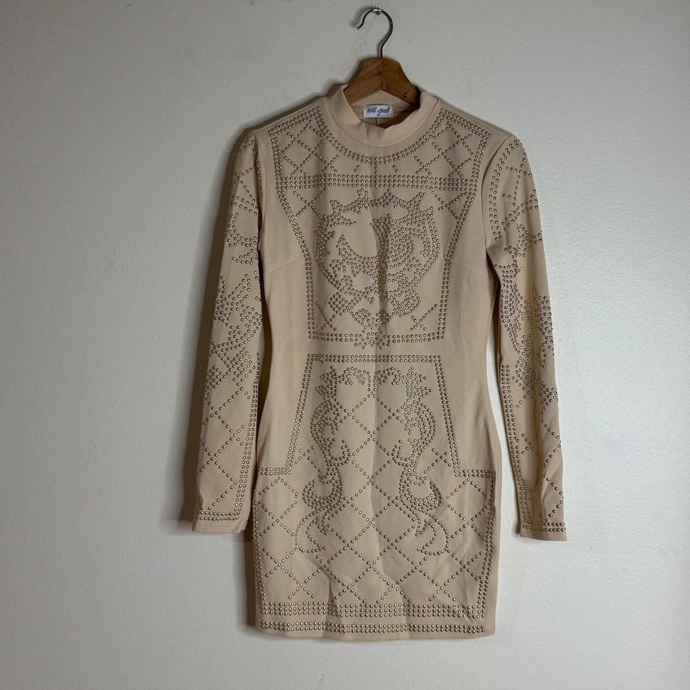 Wet Seal Women's Studded Bodycon Mini Dress Tan Size M Y2K concert party‎